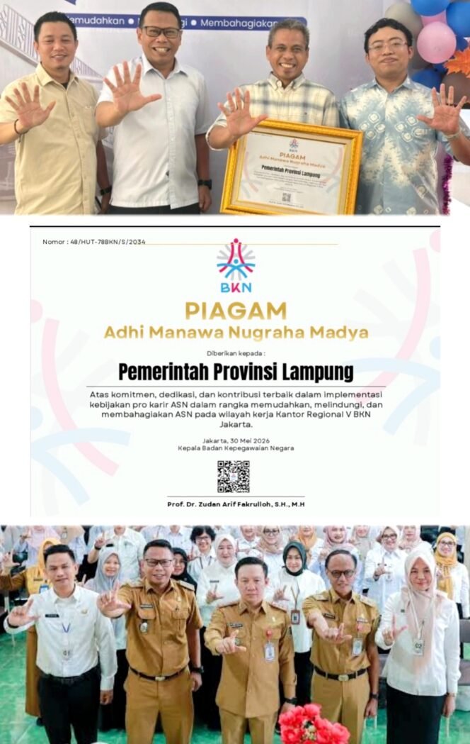 
 Pemprov Lampung Ukir Prestasi Kepegawaian, Raih Penghargaan Adhi Manawa Nugraha Madya dari BKN