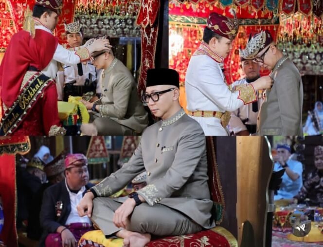 
 Prosesi Adat Angkon Muakhi Gubernur Lampung Rahmat Mirzani Djausal diangkat menjadi Adik Sultan Sekala Brak Yang Dipertuan Ke-23 SPDB Pangeran Edward Syah Pernong di Gedung Dalom Sekala Brak Kepaksian Pernong di Batu Brak Lampung Barat, Kamis 9 Juli 2026. Gubernur Mirza dianugerahi Pusaka Tongkat Bindung Langit. Foto Dok. Pemprov Lampung 
