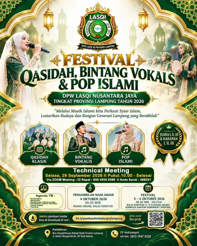 
 LASQI NJ Gelar Festival Qasidah, Bintang Vokalis dan Pop Islami Tingkat Provinsi Lampung pada Oktober 2026