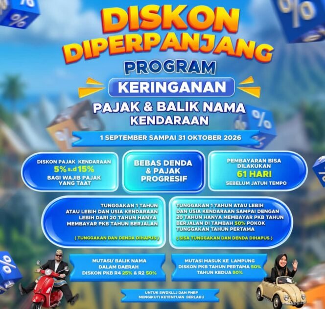 
 Program Keringanan Pajak Kendaraan di Lampung Diperpanjang hingga 31 Oktober 2026