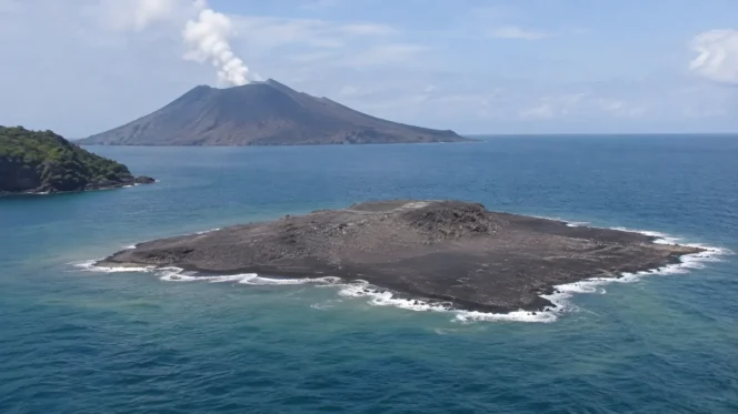 
 Ilustrasi daratan baru sekitar Gunung Anak Krakatau. Foto ilustrasi 